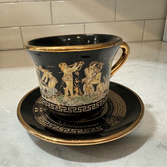 Other - 2 Black and Gold Greek Motif Cups and Saucers